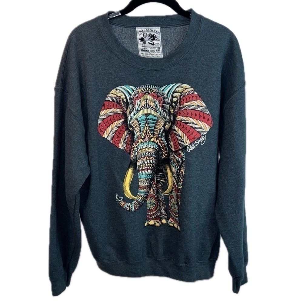Riot Society Sweatshirt Crewneck Pullover Graphic Print Elephant Fleece Shirt